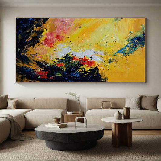 Oversized Abstract Wall Art Yellow, Red, Blue & Black Textured Abstract Painting On Canvas PT068