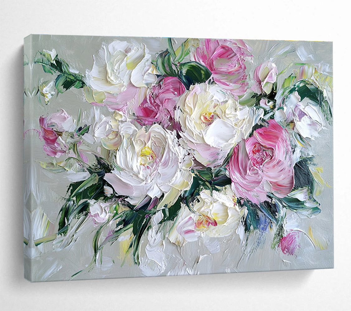 Hand-Painted Pink and White Peony Floral Textured Oil Painting HPS321