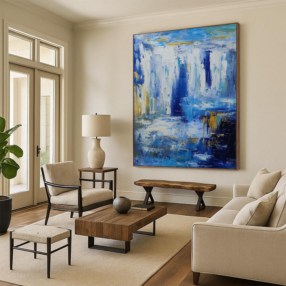 Unique Abstract Art Blue, White & Gold Textured Waterfall Abstract Painting On Canvas PT065