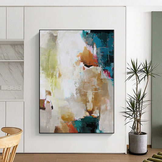 Hand Painting with Multicolor (Teal, Beige, Pink) Abstract Composition PT012