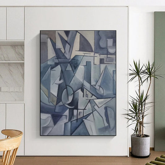 Acrylic Modern Art Paintings Blue Gray Cubist Abstract Composition PT437