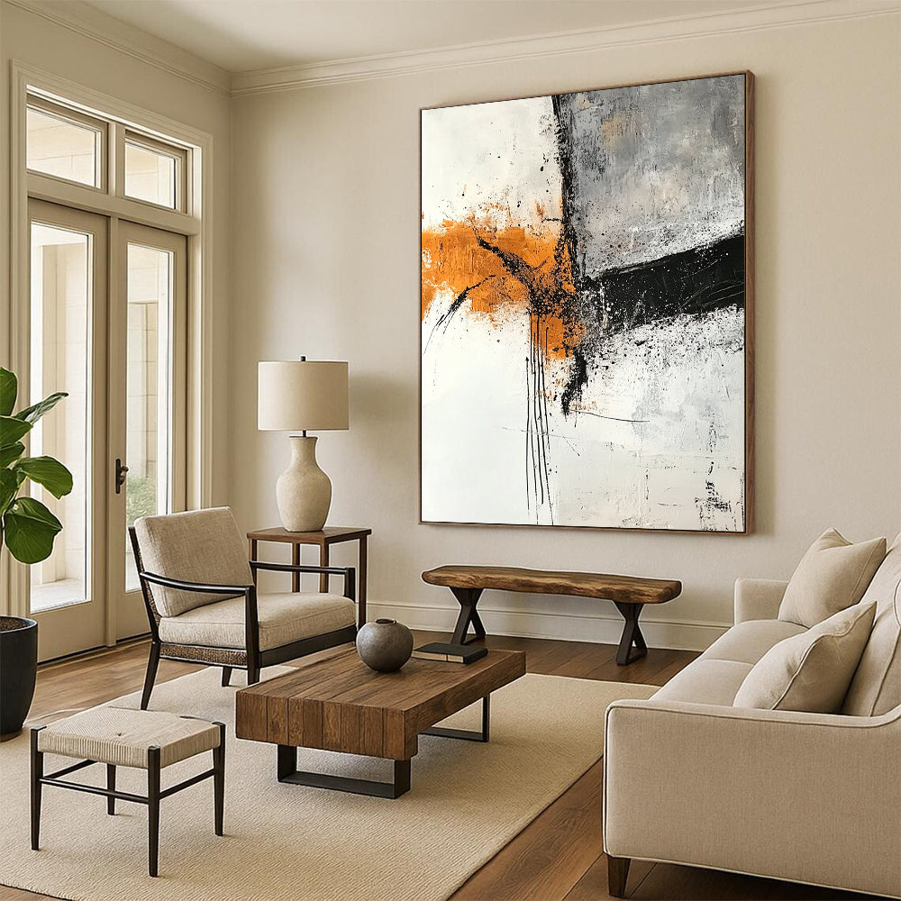 Hand-Painted Orange, Black & Gray Textured Abstract Painting On Canvas PT111