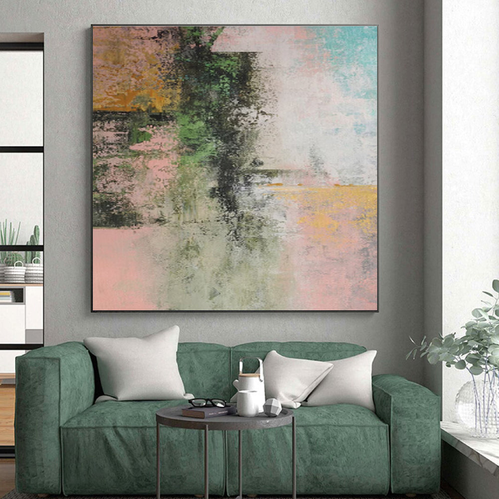 Large Painting In Living Room with Green, Pink, Teal, and Yellow Abstract Design, Handmade Art PT288
