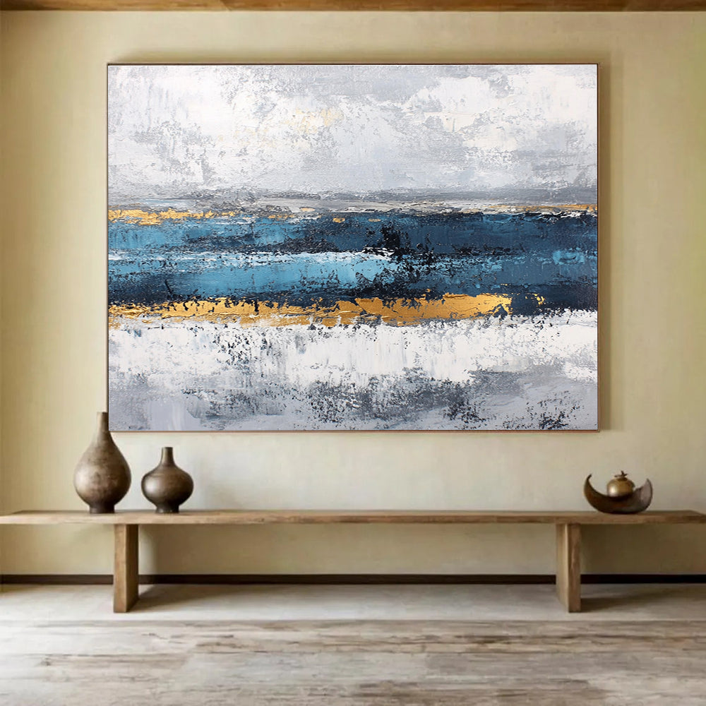 Acrylic Modern Art Paintings Blue, Gray, Gold & White Textured Landscape Abstract Painting HPS265