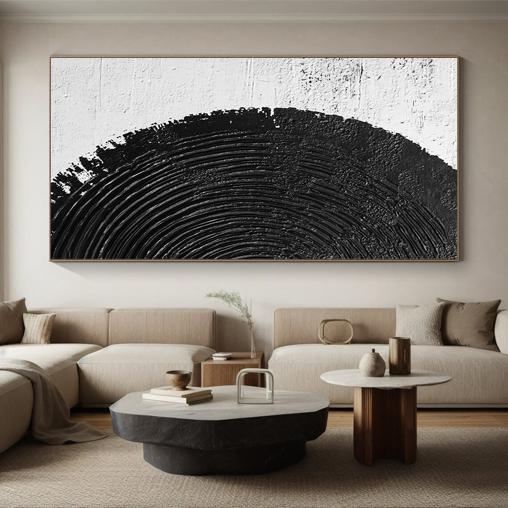 Wall Decor Abstract Paintings Large With Black, White Textured Circular Pattern On Canvas PT196