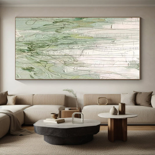 Handmade Art Green Beige Linear Textured Abstract Art PT346
