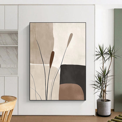 Abstract Canvas Wall Art Large, Beige Brown Black Minimalist Plant Abstract Art PT135