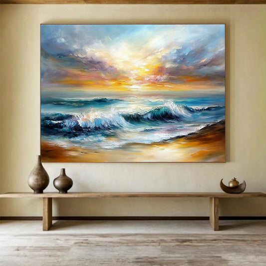 Huge Size Multicolor (Blue, Orange, Yellow) Coastal Sunset Abstract Acrylic Painting HPS243