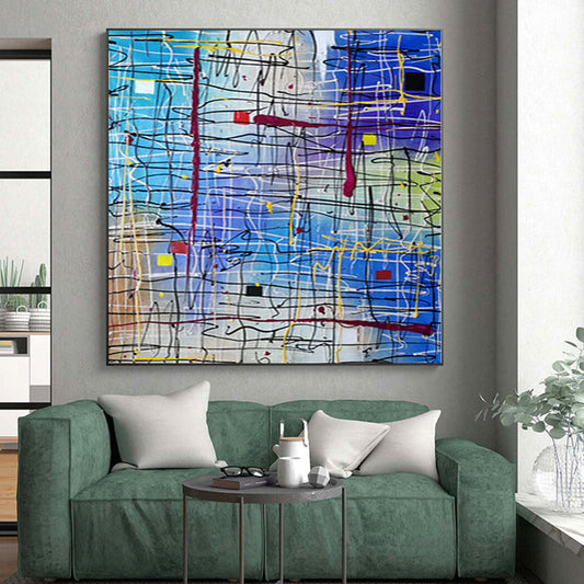 Modern Art Acrylic Blue & Multicolor Textured Abstract Painting On Canvas PT099