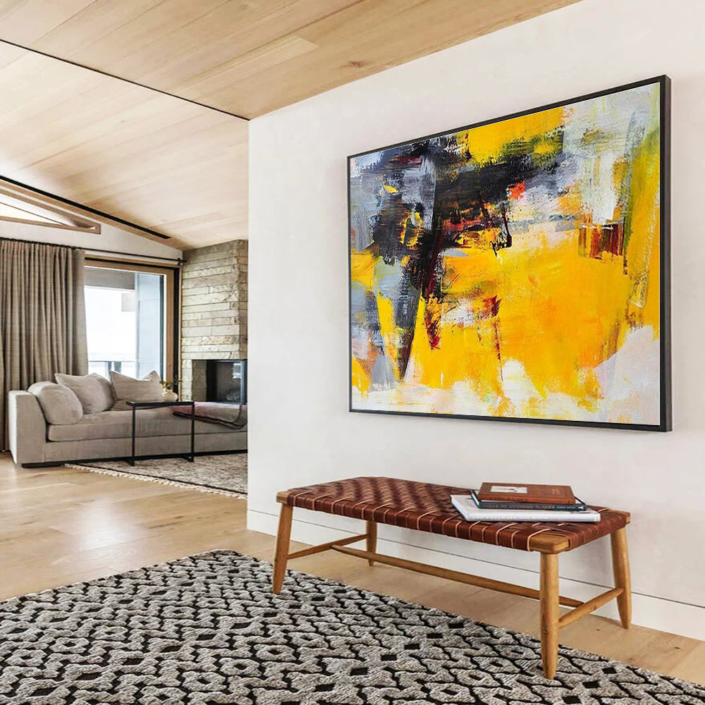 Hand-Painted Yellow, Gray & Black Dynamic Abstract Painting On Canvas HPS101