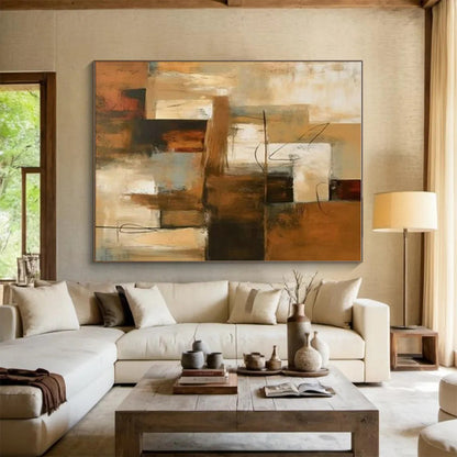 48x60 Brown and Beige Abstract Urban Scene, Large Painting In Living Room PT517