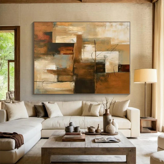 48x60 Brown and Beige Abstract Urban Scene, Large Painting In Living Room PT517