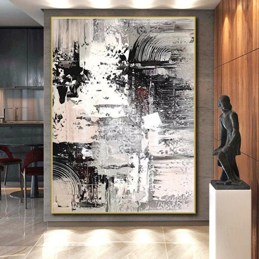 Hand Painted Art in Black, White, and Grey Abstract Textural Layers Painting On Canvas PT272