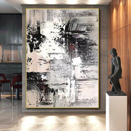 Hand Painted Art in Black, White, and Grey Abstract Textural Layers Painting On Canvas PT272