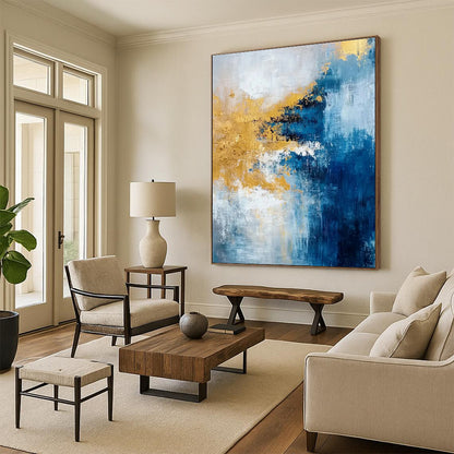 48x60 Blue, White, and Gold Abstract Art with Textural Layers PT226
