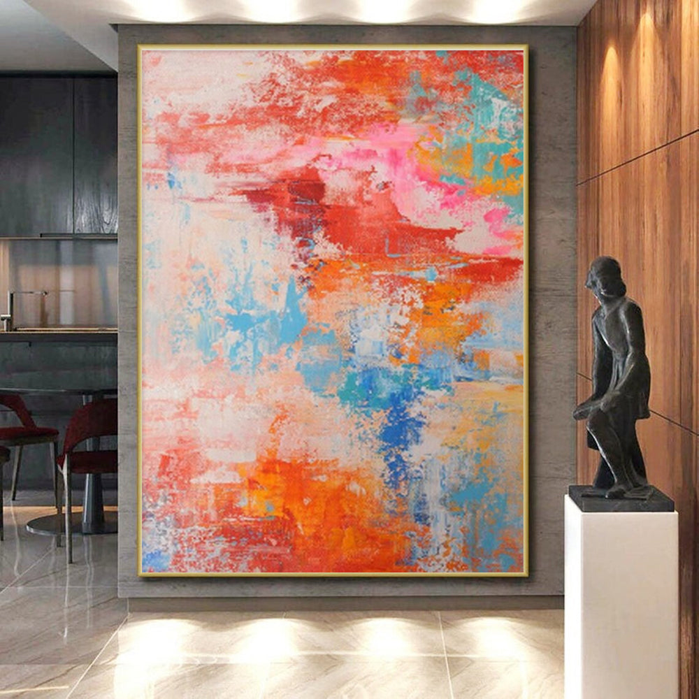 Big Painting in Red, Orange, Blue, and Pink Abstract Design, Modern Art Acrylic PT284