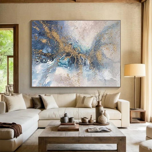 Acrylic Modern Art Paintings Blue, Gray & Gold Abstract Fluid Art HPS155