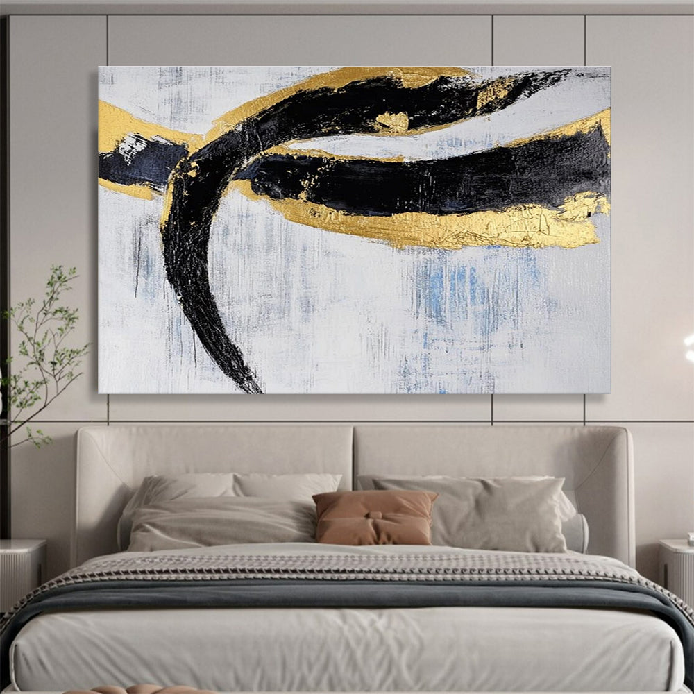 Unique Abstract Art Black, Gold & White Textured Linear Abstract Painting HPS240