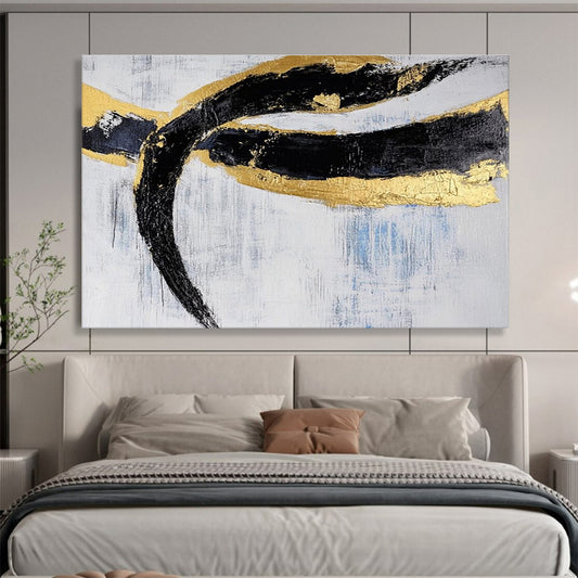 Unique Abstract Art Black, Gold & White Textured Linear Abstract Painting HPS240