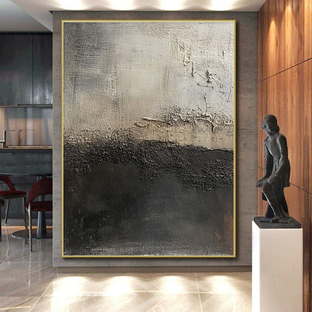 Abstract Canvas Wall Art Large With Black, Gray, Beige Textured Contrast On Canvas PT185