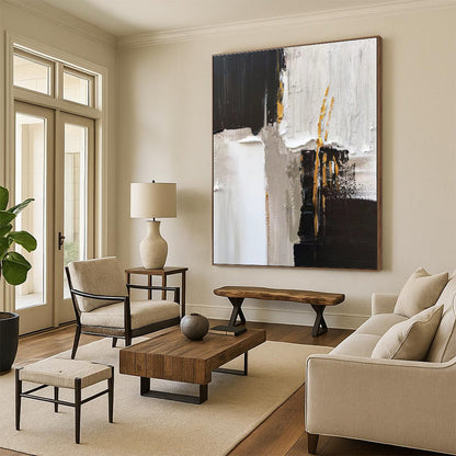 Unique Abstract Art Black White Gold Textured Geometric Acrylic Art PT463