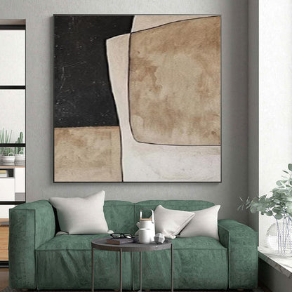 Hand-Painted Black, Beige, and Brown Geometric Abstract Art PT672