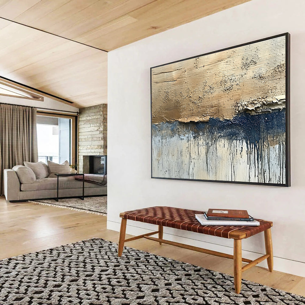 Hand-Painted Beige, Navy & Gray Textured Abstract Painting HPS281