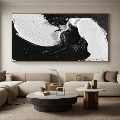 Custom Large Abstract Art For Living Room With Black, White Fluid Brushstrokes On Canvas PT195