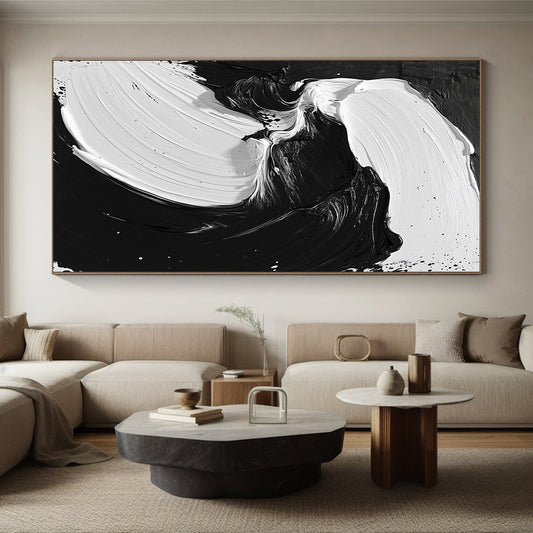 Custom Large Abstract Art For Living Room With Black, White Fluid Brushstrokes On Canvas PT195