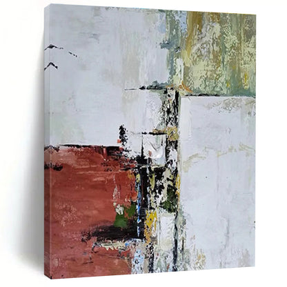 Hand Painted Art with Red, White, Green, and Beige Textured Abstract Forms, Large Painting In Living Room PT213