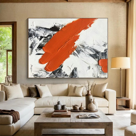 Cool Abstract Paintings Orange and Gray Textured Abstraction, Large Painting In Living Room PT525