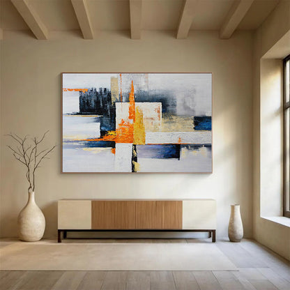 Hand Painted Art Orange, Blue, White & Yellow Geometric Abstract On Canvas HPS065