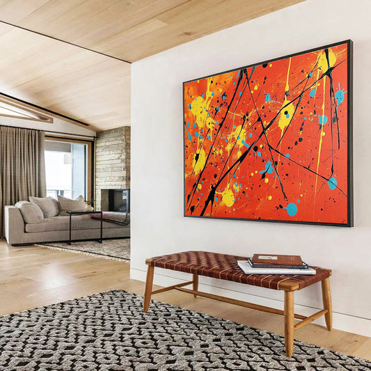 Acrylic Modern Art Paintings Orange, Yellow, Blue & Black Splatter Abstract Painting HPS255