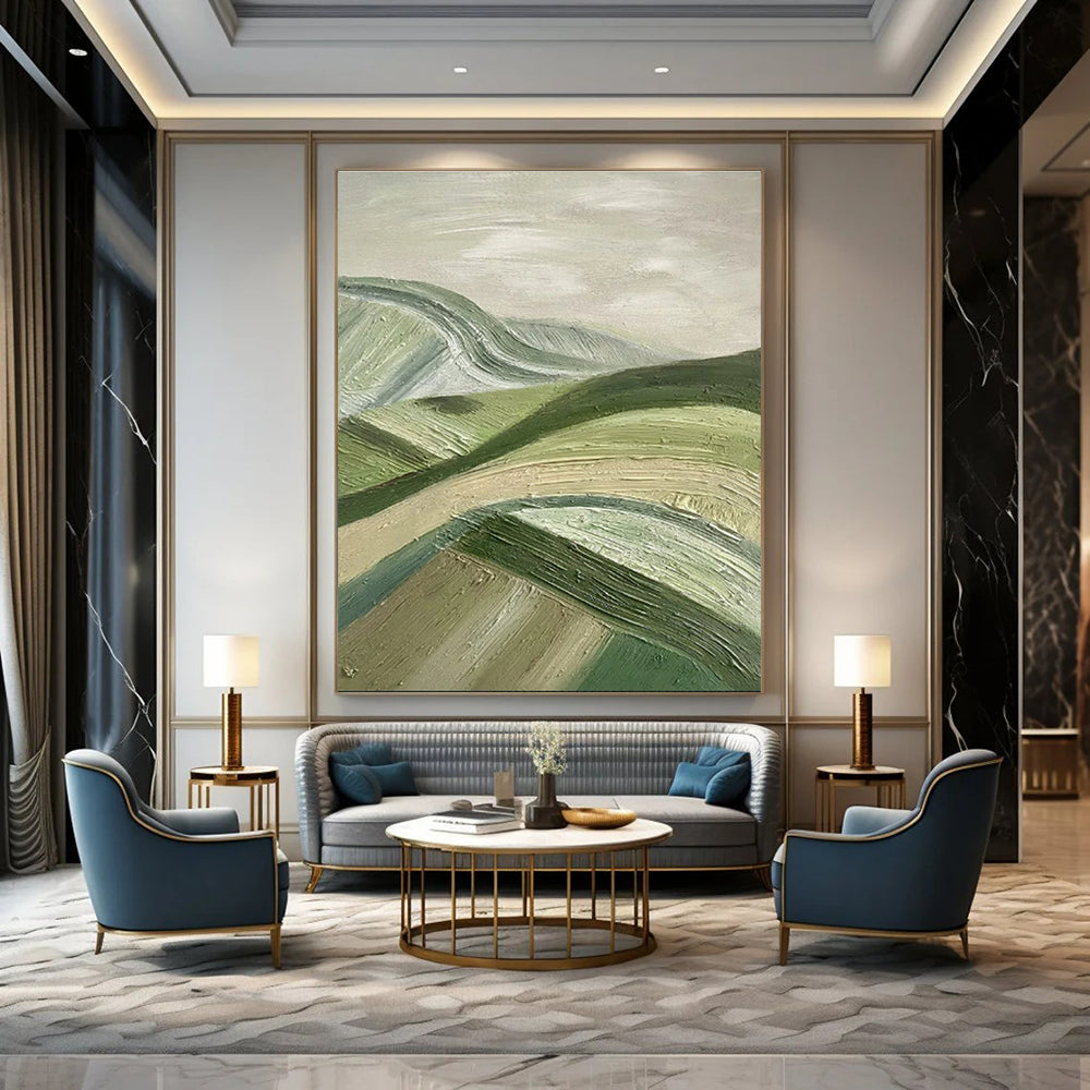 Large Size Green & Beige Abstract Rolling Hills, Large Contemporary Wall Art DPS505