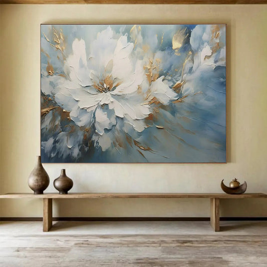 Oversized Abstract Wall Art Blue, White, and Gold Textured Abstract Floral Art HPS407