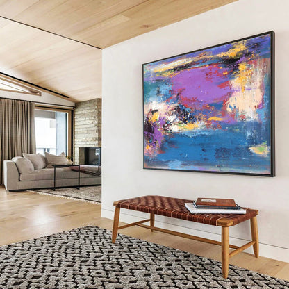 Hand Painted Art Purple, Blue & Yellow Abstract On Canvas HPS054