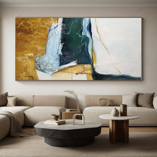 Hand Painting Blue, Green, and Gold Textured Landscape Abstract Art PT811