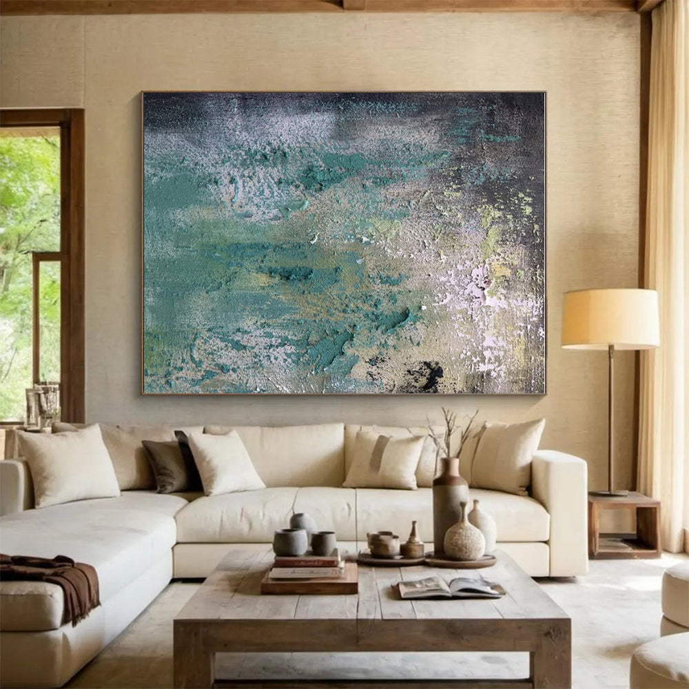 Unique Abstract Art Teal, Green, and Gray Textured Abstract Art PT783