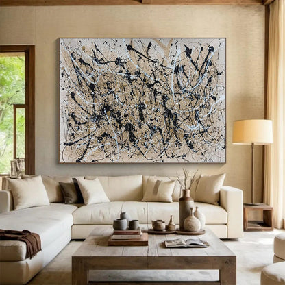 Large Size Black, White, and Beige Splatter Abstract Expressionist Art HPS364