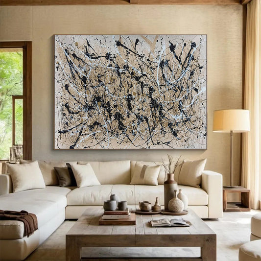 Large Size Black, White, and Beige Splatter Abstract Expressionist Art HPS364