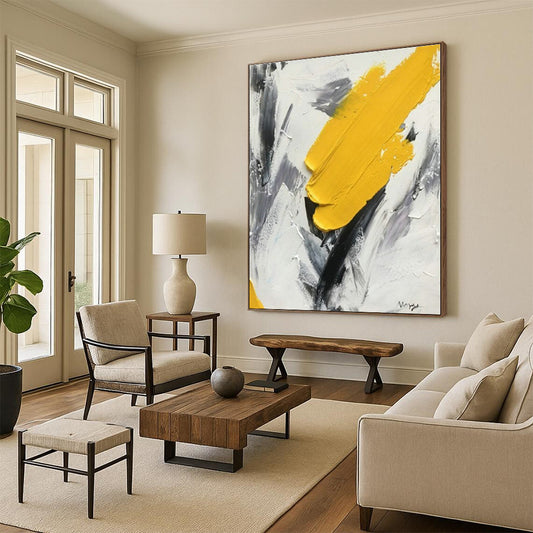 Hand-Painted Yellow and Gray Abstract Energetic Scene, Modern Art Acrylic PT524