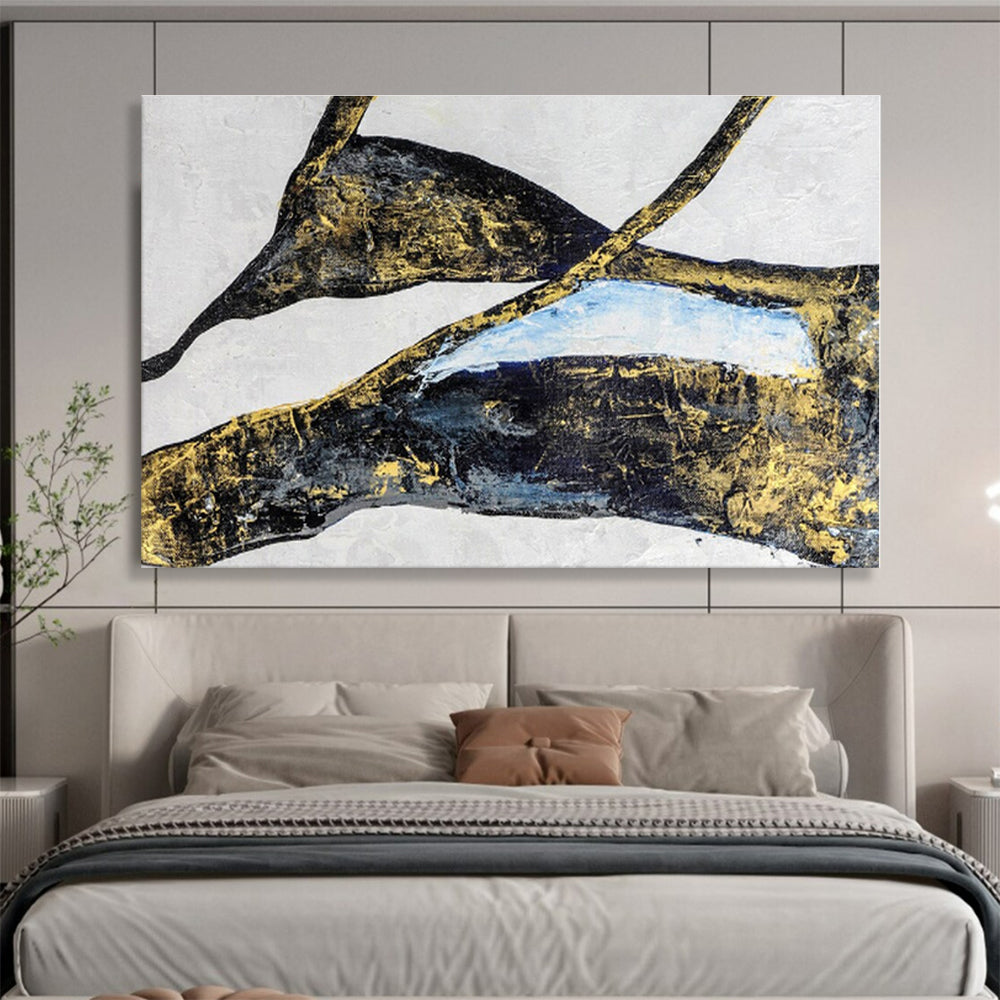 Hand Painted Art Black, Gold & Blue Abstract Shapes On Canvas HPS009