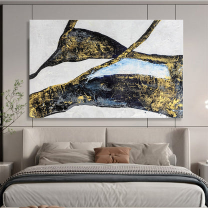 Hand Painted Art Black, Gold & Blue Abstract Shapes On Canvas HPS009