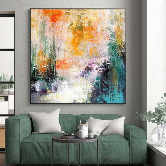 Large Size Multicolor (Orange, Yellow, Green, Purple, Teal) Abstract Energetic Brushstrokes Painting On Canvas PT276