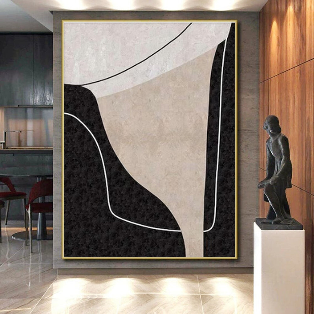 Minimalist Canvas Art Black, Beige, and White Organic Abstract Art PT712