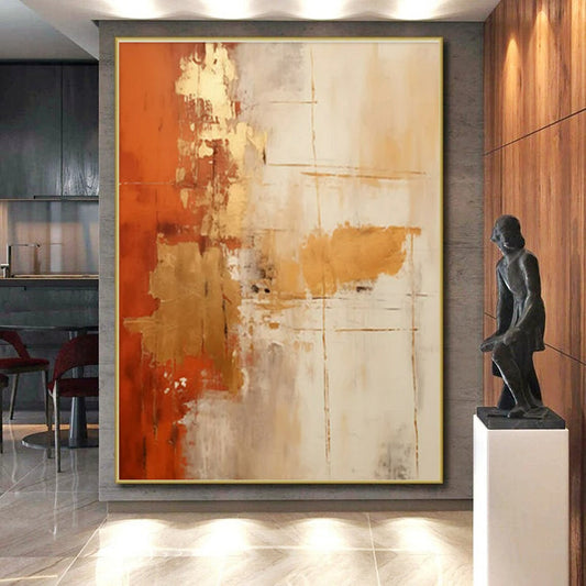 Modern Art Acrylic - Orange, Gold, Beige & Gray Textured Abstract Art PT590