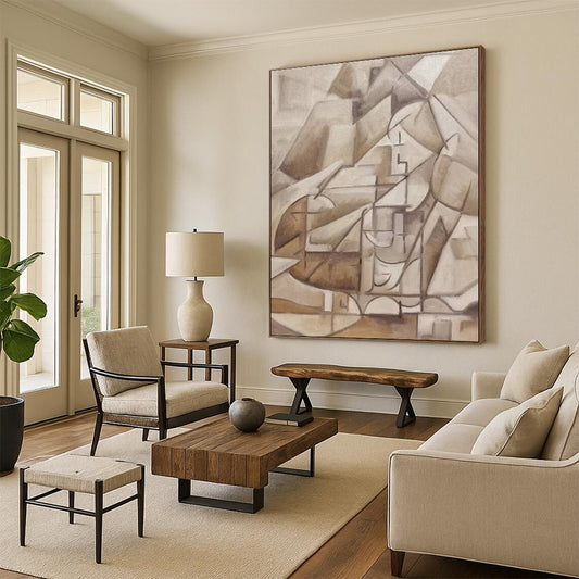 Large Contemporary Wall Art Beige Brown Cubist Abstract Acrylic Creation PT438