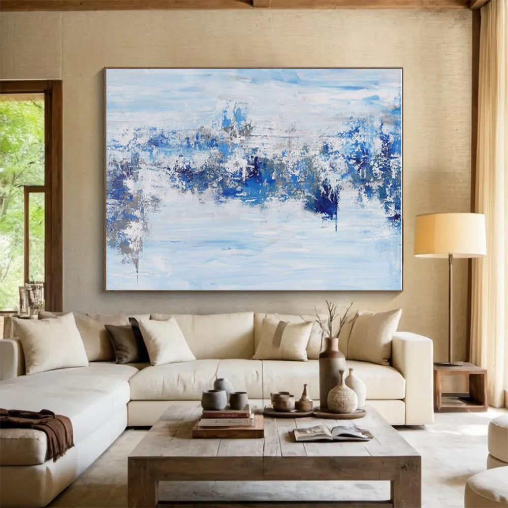 Large Size Abstract Art in Shades of Blue and Gray, Hand-Painted Acrylic Modern Art PT294