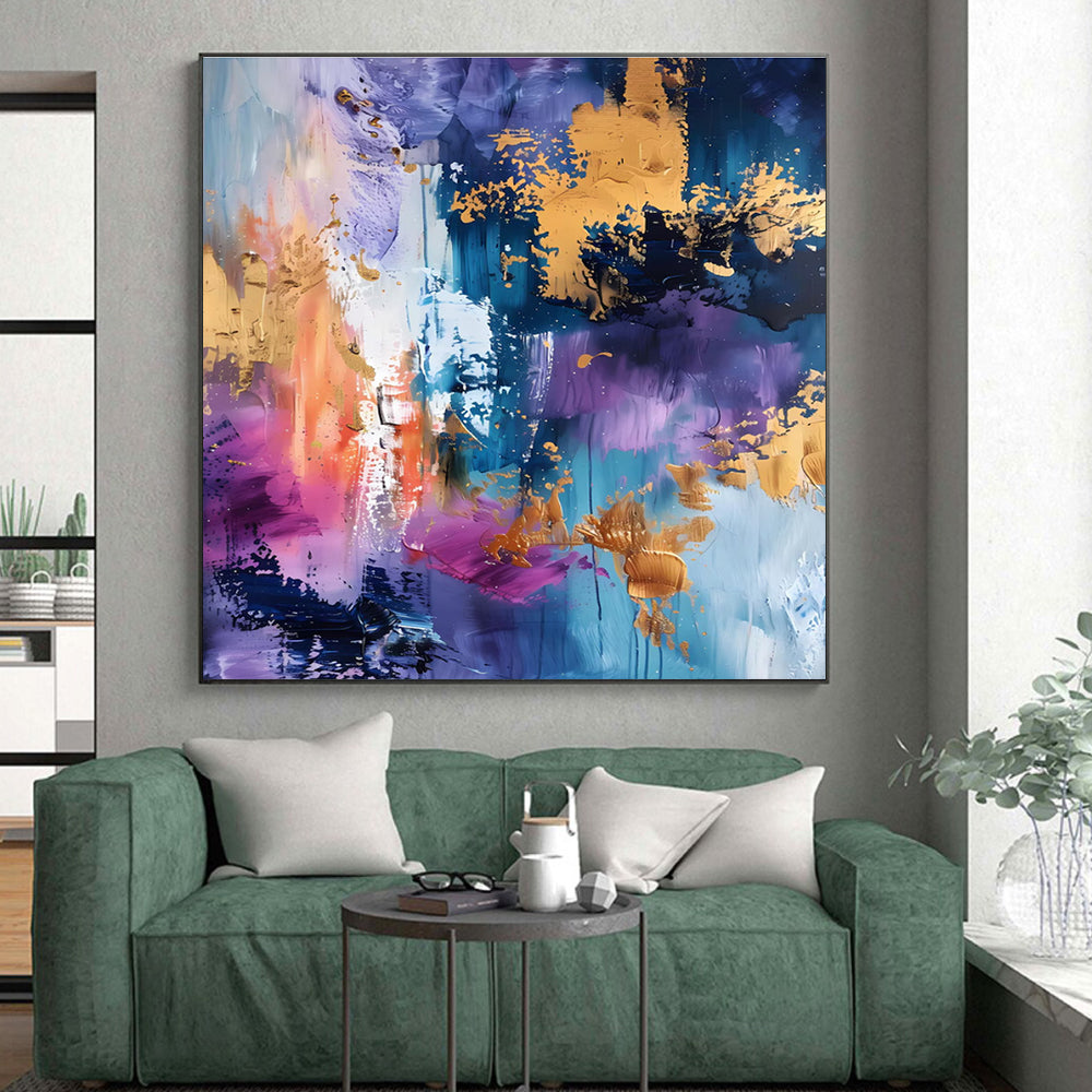 Oversized Abstract Wall Art in Purple, Blue, Pink, Orange, and Gold Textural Abstract Compositions PT255