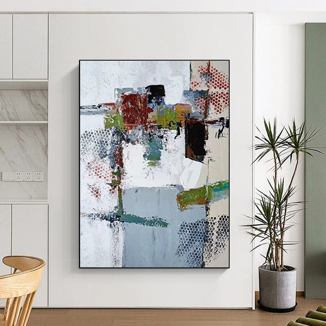 48x60 Multicolor Abstract Painting with Dotted and Textured Elements, Cool Abstract Paintings PT216
